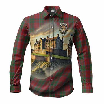 Drummond Tartan Family Crest Long Sleeve Button Shirt with Scottish Ancient Castle Style