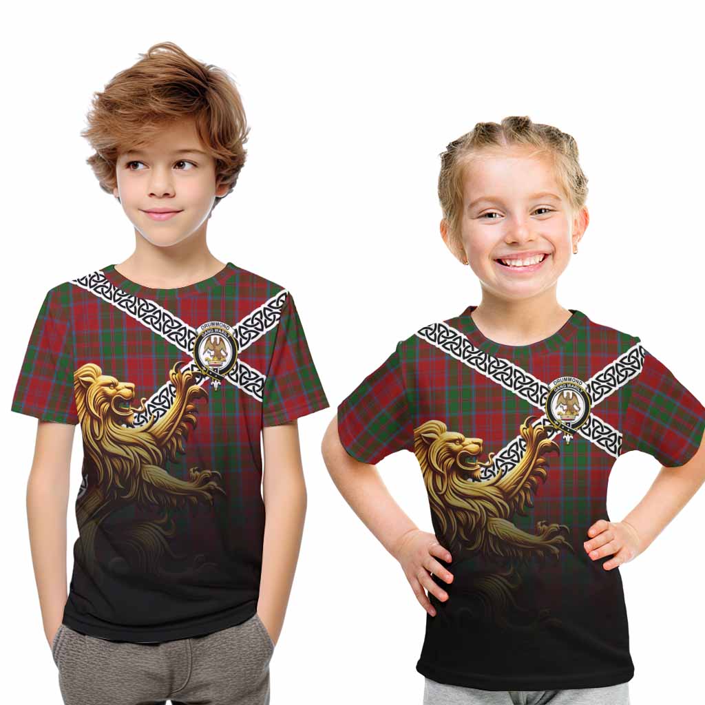 Tartan Vibes Clothing Drummond Crest Tartan Kid T-Shirt with Golden Lion Emblem Celtic Style