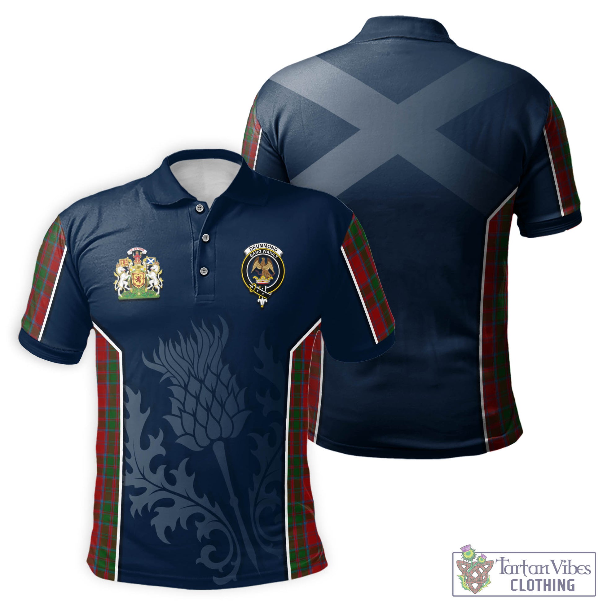 Tartan Vibes Clothing Drummond Tartan Men's Polo Shirt with Family Crest and Scottish Thistle Vibes Sport Style