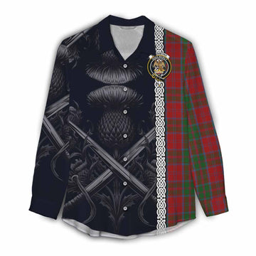 Tartan Vibes Clothing Drummond Tartan Women's Casual Shirt with Family Crest Cross Sword Thistle Celtic Vibes