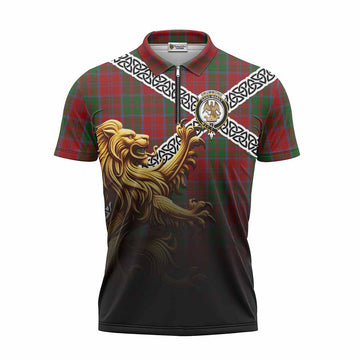 Drummond Crest Tartan Zipper Polo Shirt with Golden Lion Emblem Celtic Style