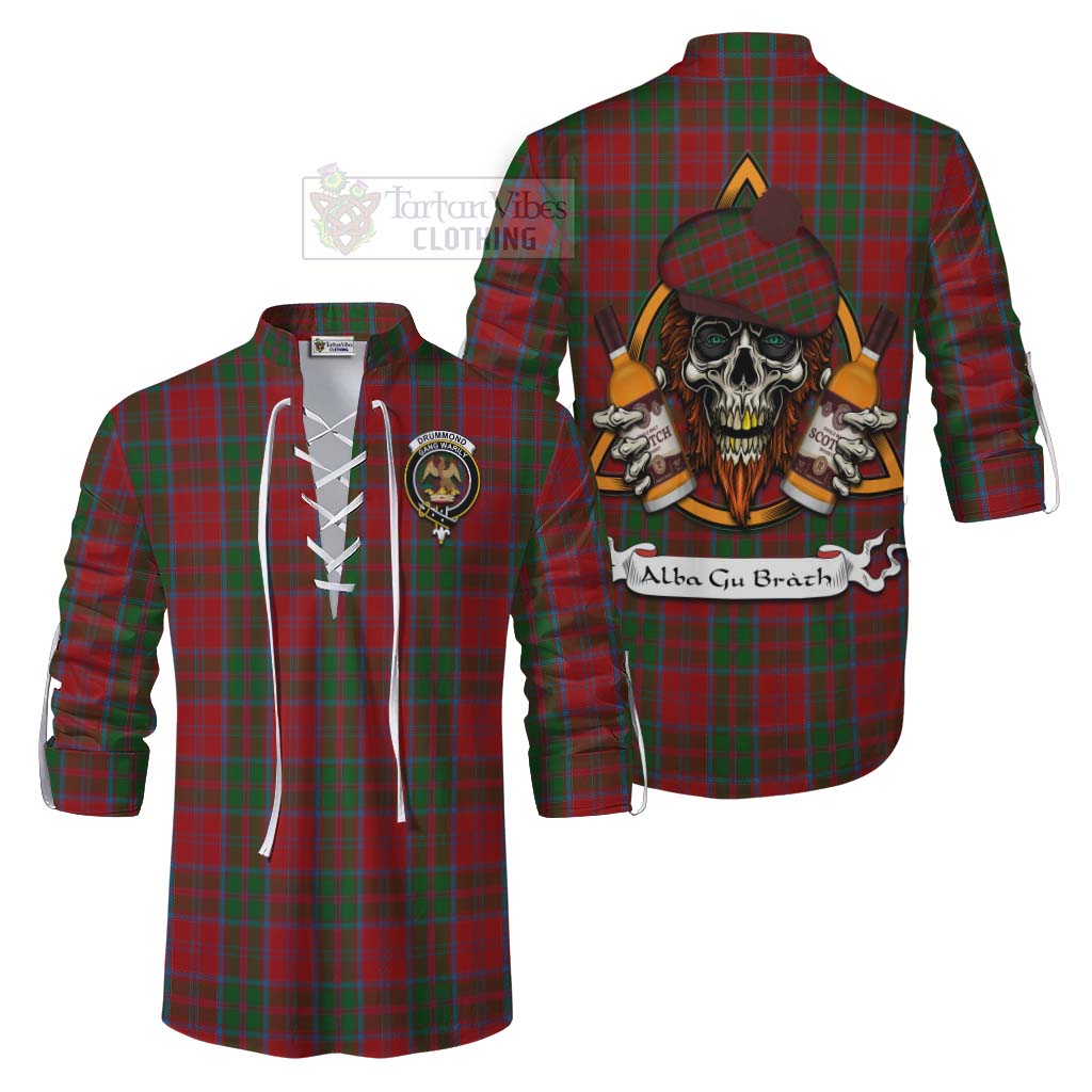 Tartan Vibes Clothing Drummond Tartan Ghillie Kilt Shirt with Family Crest and Bearded Skull Holding Bottles of Whiskey