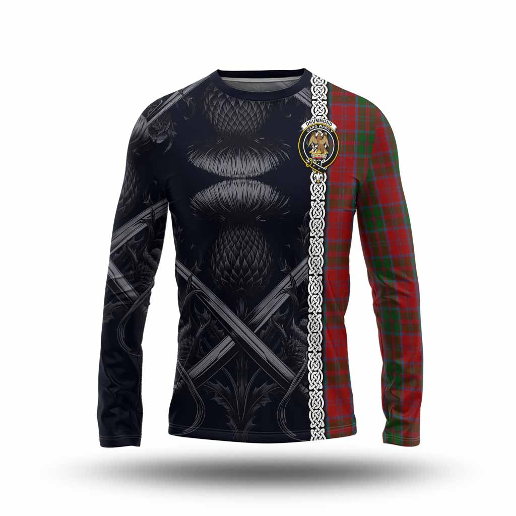 Tartan Vibes Clothing Drummond Tartan Long Sleeve T-Shirt with Family Crest Cross Sword Thistle Celtic Vibes