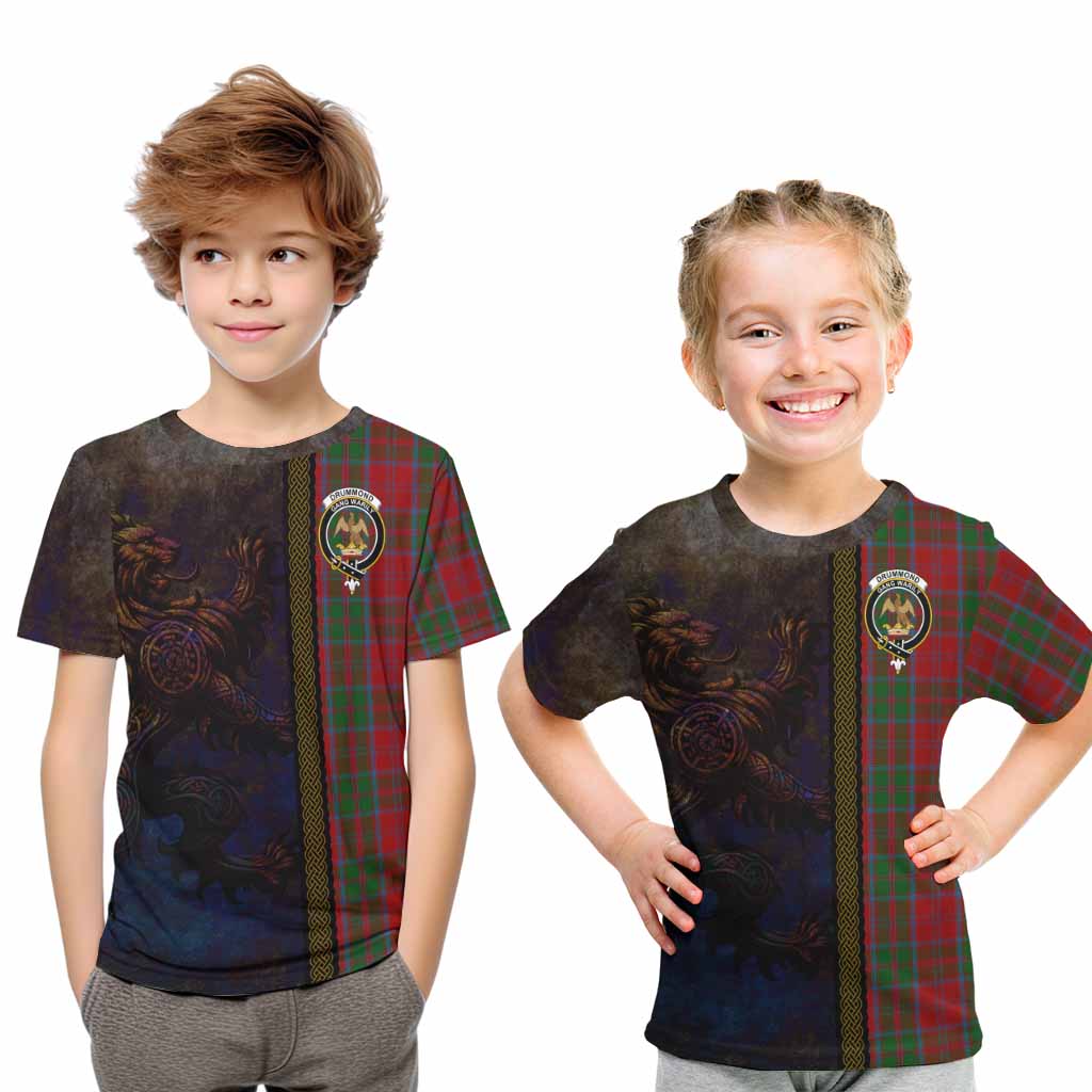 Tartan Vibes Clothing Drummond Tartan Family Crest Kid T-Shirt Alba Gu Brath Be Brave Lion Ancient Style