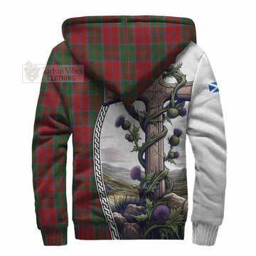 Drummond Tartan Sherpa Hoodie with Family Crest and St. Andrew's Cross Accented by Thistle Vines
