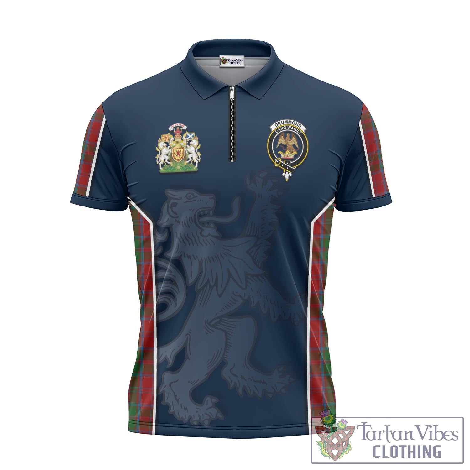 Tartan Vibes Clothing Drummond Tartan Zipper Polo Shirt with Family Crest and Lion Rampant Vibes Sport Style