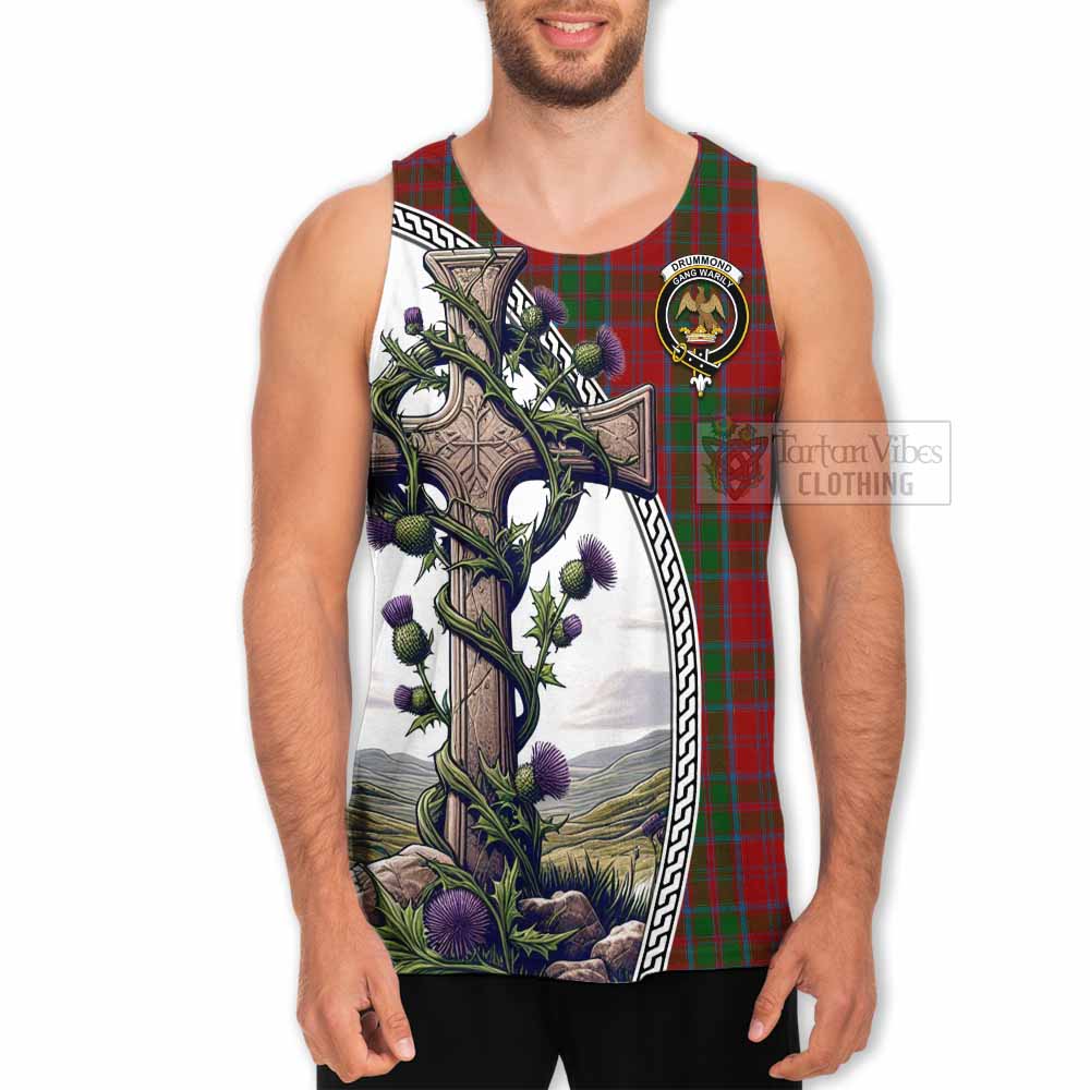 Tartan Vibes Clothing Drummond Tartan Men's Tank Top with Family Crest and St. Andrew's Cross Accented by Thistle Vines