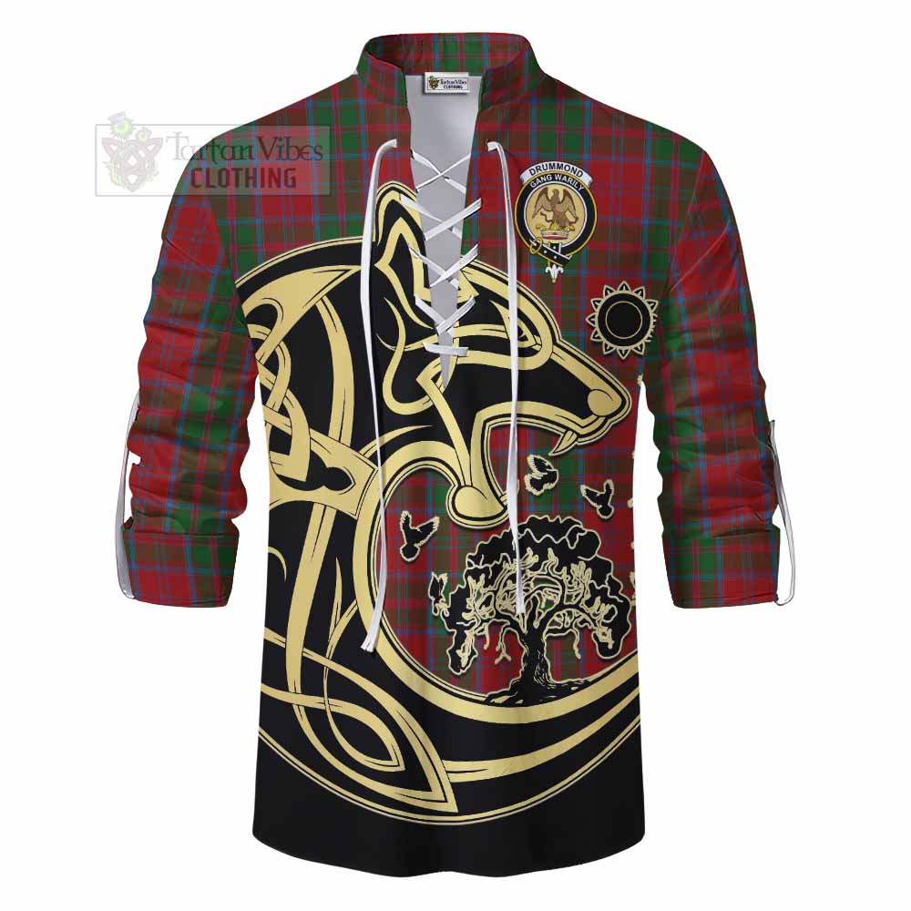 Tartan Vibes Clothing Drummond Tartan Ghillie Kilt Shirt with Family Crest Celtic Wolf Style