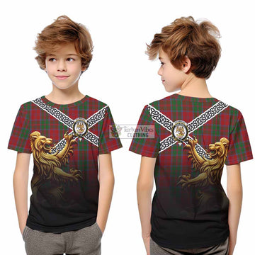 Drummond Crest Tartan Kid T-Shirt with Golden Lion Emblem Celtic Style