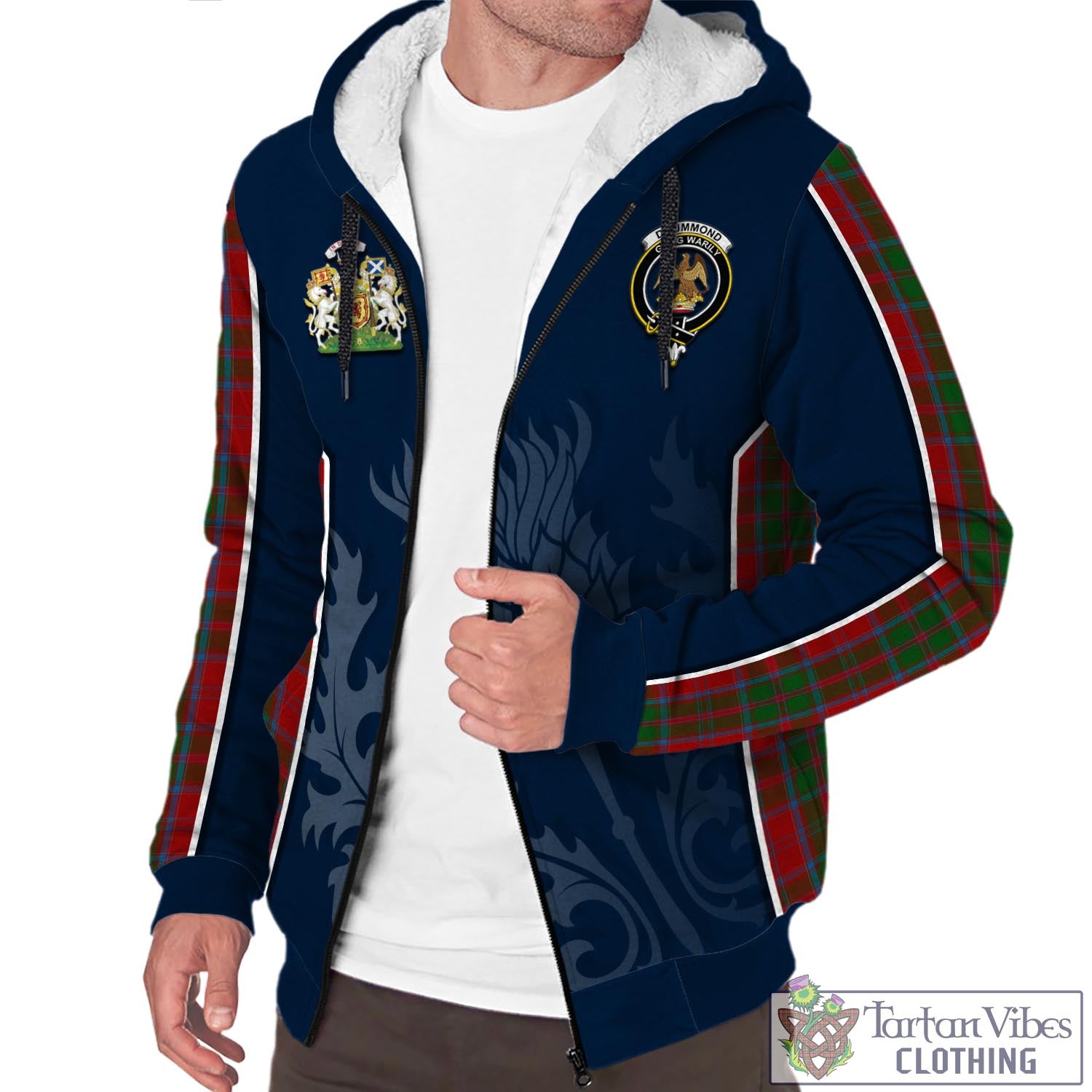 Tartan Vibes Clothing Drummond Tartan Sherpa Hoodie with Family Crest and Scottish Thistle Vibes Sport Style