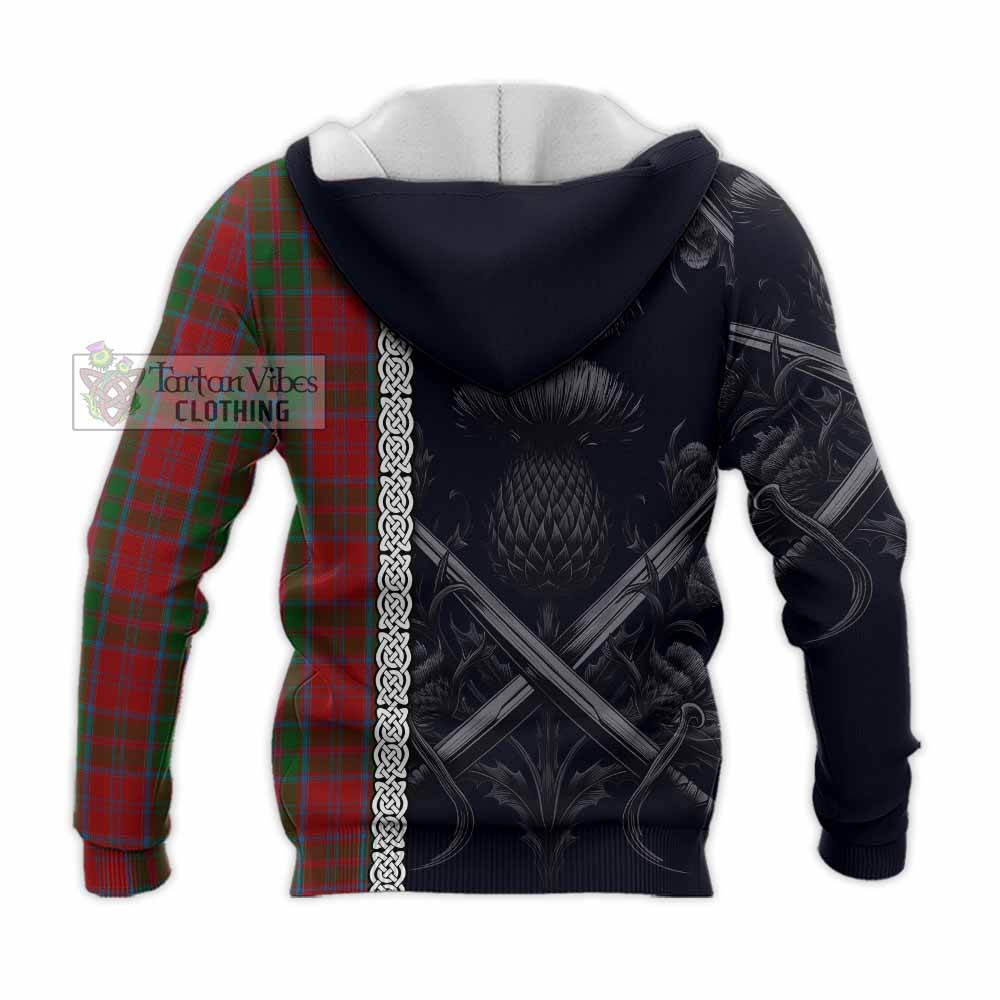 Tartan Vibes Clothing Drummond Tartan Knitted Hoodie with Family Crest Cross Sword Thistle Celtic Vibes