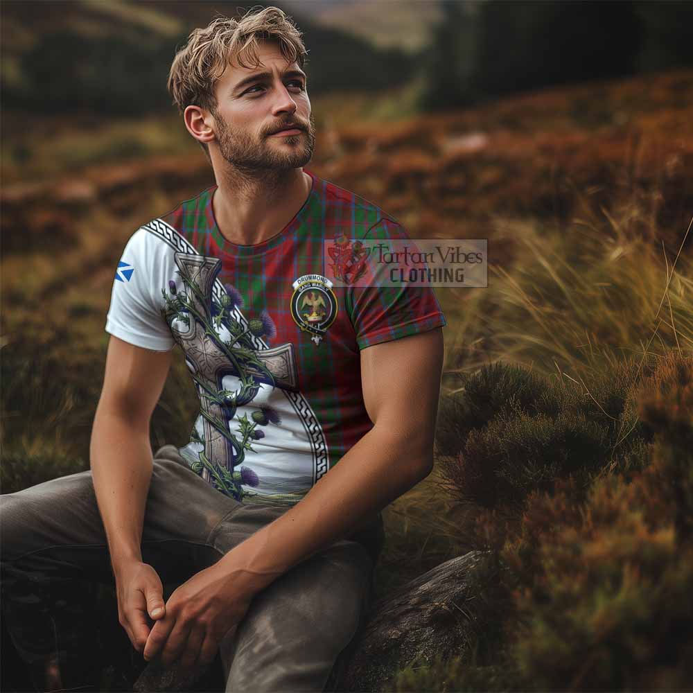 Tartan Vibes Clothing Drummond Agnew Tartan T-Shirt with Family Crest and St. Andrew's Cross Accented by Thistle Vines