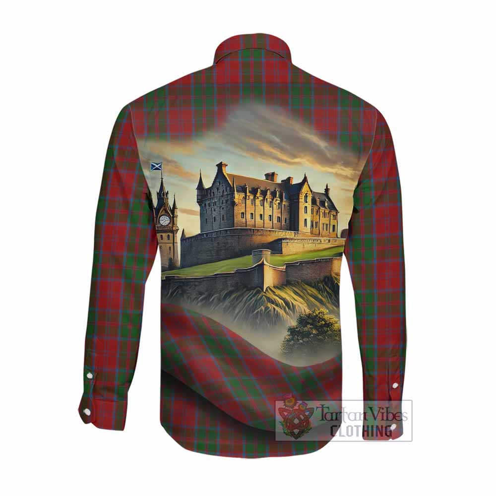 Tartan Vibes Clothing Drummond Tartan Family Crest Long Sleeve Button Shirt with Scottish Ancient Castle Style