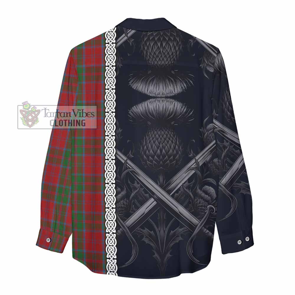 Tartan Vibes Clothing Drummond Tartan Women's Casual Shirt with Family Crest Cross Sword Thistle Celtic Vibes