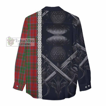 Tartan Vibes Clothing Drummond Tartan Women's Casual Shirt with Family Crest Cross Sword Thistle Celtic Vibes