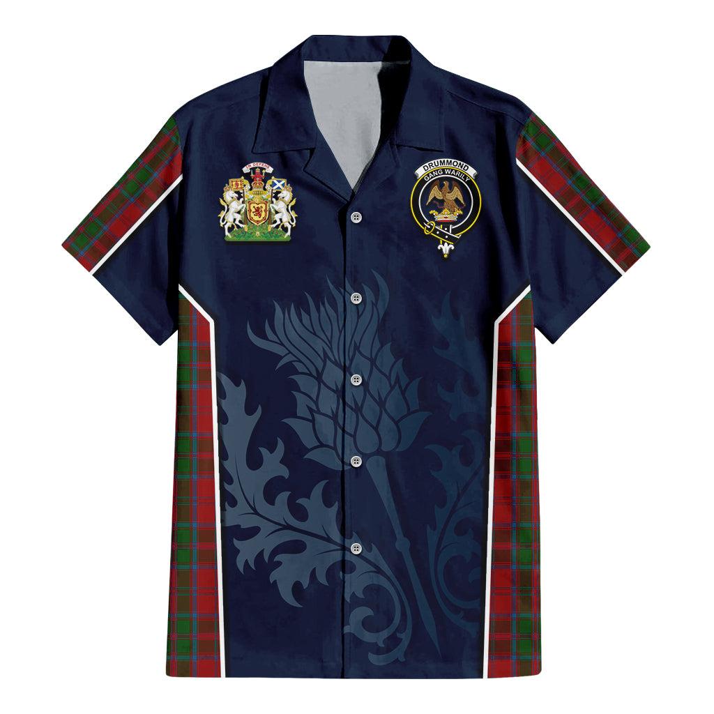 Tartan Vibes Clothing Drummond Tartan Short Sleeve Button Up Shirt with Family Crest and Scottish Thistle Vibes Sport Style