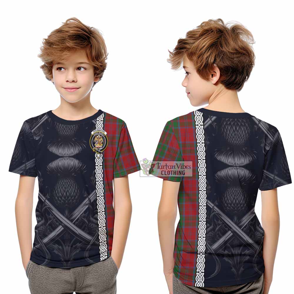 Tartan Vibes Clothing Drummond Tartan Kid T-Shirt with Family Crest Cross Sword Thistle Celtic Vibes