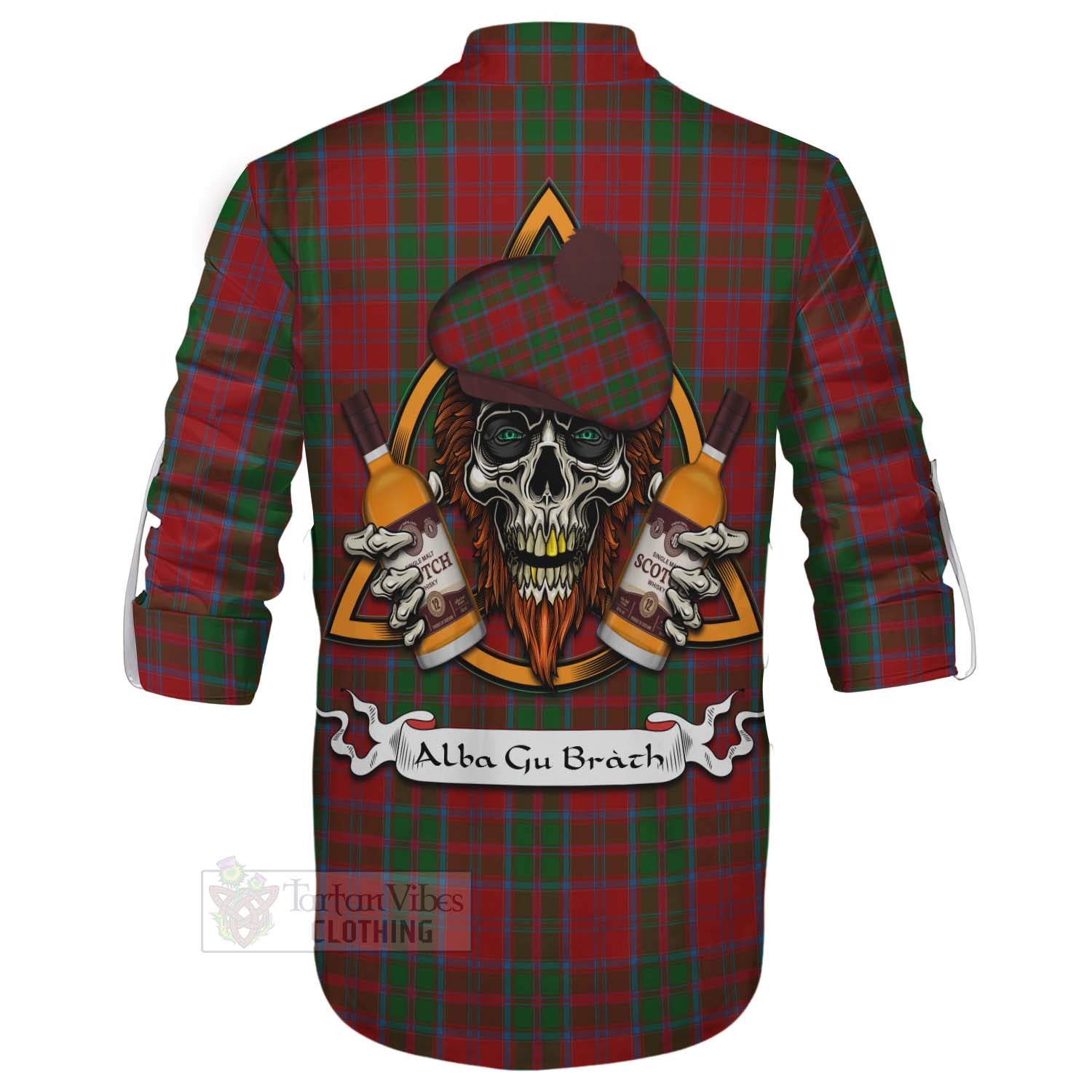 Tartan Vibes Clothing Drummond Tartan Ghillie Kilt Shirt with Family Crest and Bearded Skull Holding Bottles of Whiskey