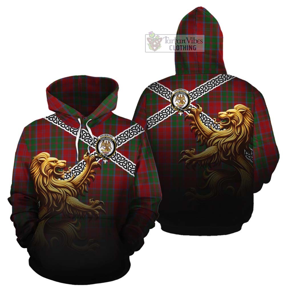 Tartan Vibes Clothing Drummond Crest Tartan Cotton Hoodie with Golden Lion Emblem Celtic Style