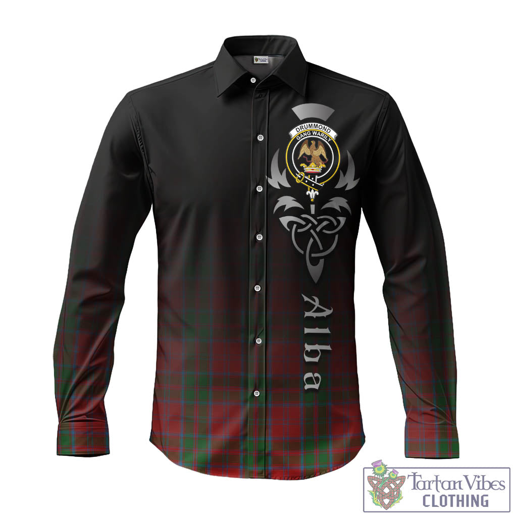 Tartan Vibes Clothing Drummond Tartan Long Sleeve Button Up Featuring Alba Gu Brath Family Crest Celtic Inspired
