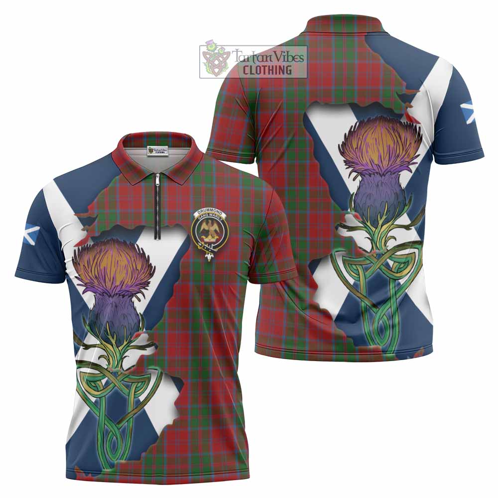 Tartan Vibes Clothing Drummond Tartan Family Crest Zipper Polo Shirt Scottish Thistle Celtic Inspired