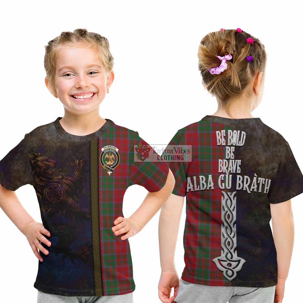 Tartan Vibes Clothing Drummond Tartan Family Crest Kid T-Shirt Alba Gu Brath Be Brave Lion Ancient Style