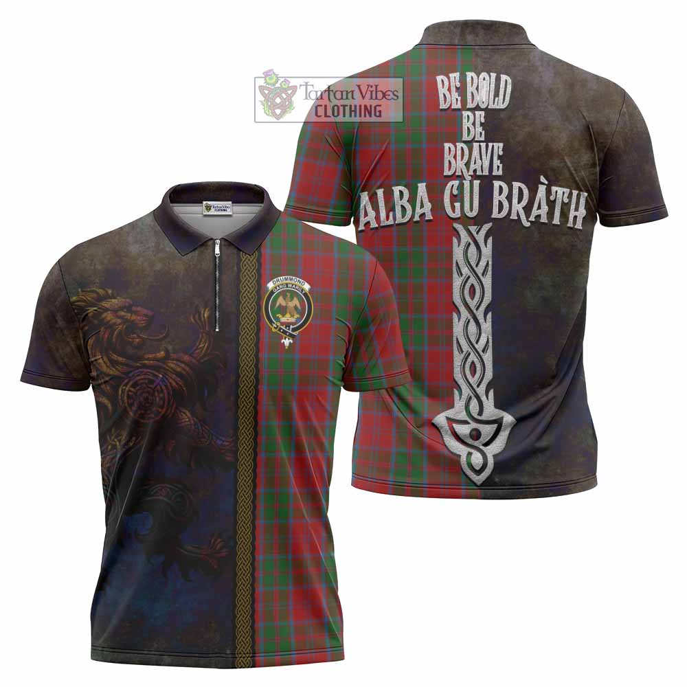 Tartan Vibes Clothing Drummond Tartan Family Crest Zipper Polo Shirt Alba Gu Brath Be Brave Lion Ancient Style