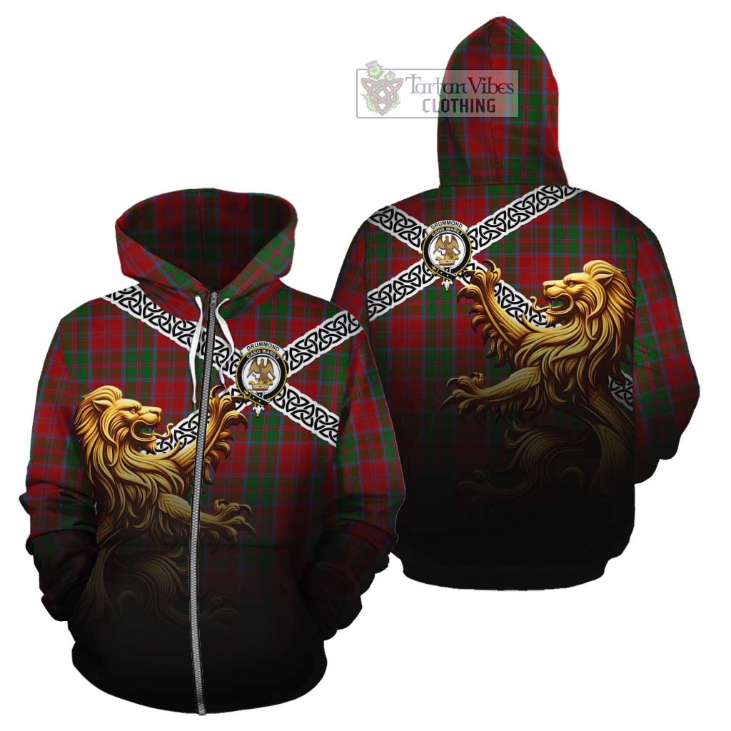 Tartan Vibes Clothing Drummond Crest Tartan Cotton Hoodie with Golden Lion Emblem Celtic Style