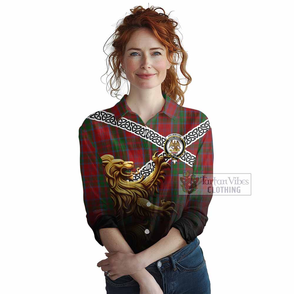 Tartan Vibes Clothing Drummond Crest Tartan Women's Casual Shirt with Golden Lion Emblem Celtic Style