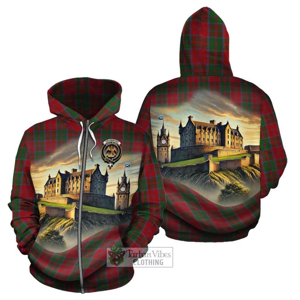 Tartan Vibes Clothing Drummond Tartan Family Crest Cotton Hoodie with Scottish Ancient Castle Style