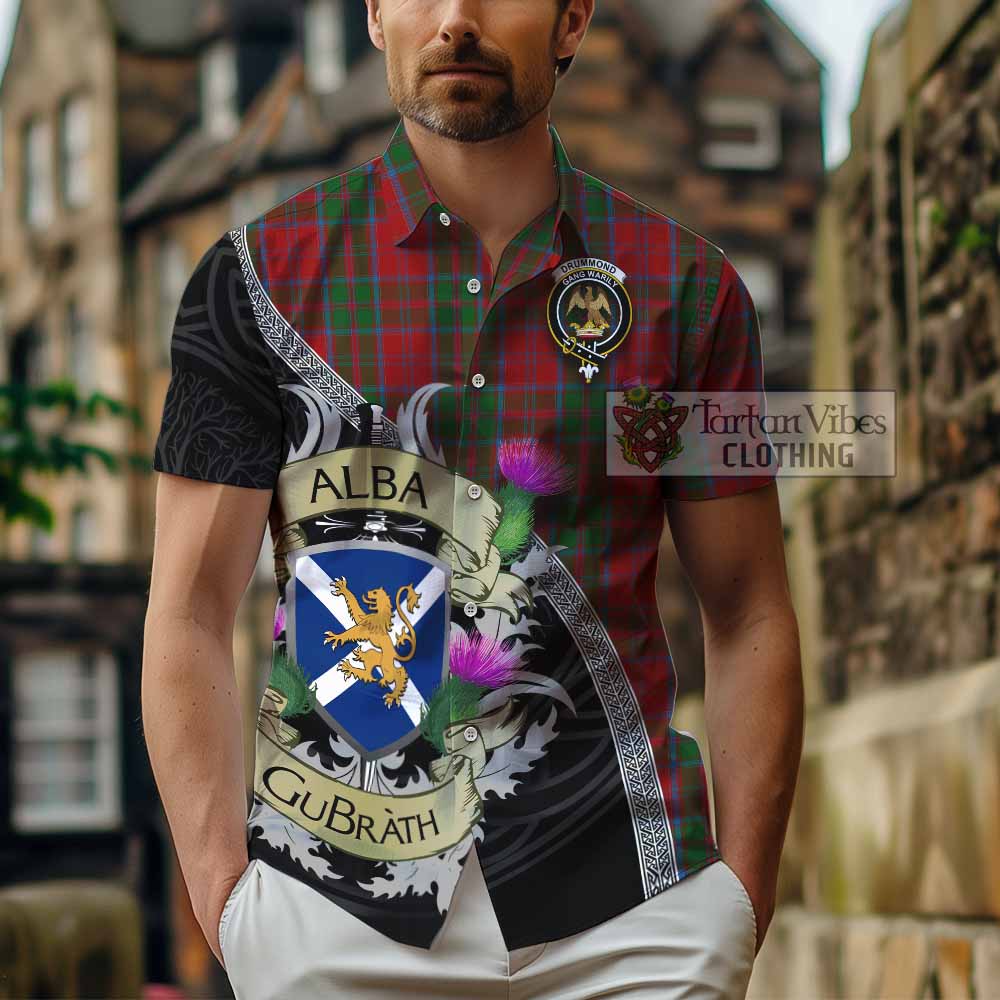 Tartan Vibes Clothing Drummond Tartan Family Crest Short Sleeve Button Shirt Lion Rampant Royal Thistle Shield Celtic Inspired