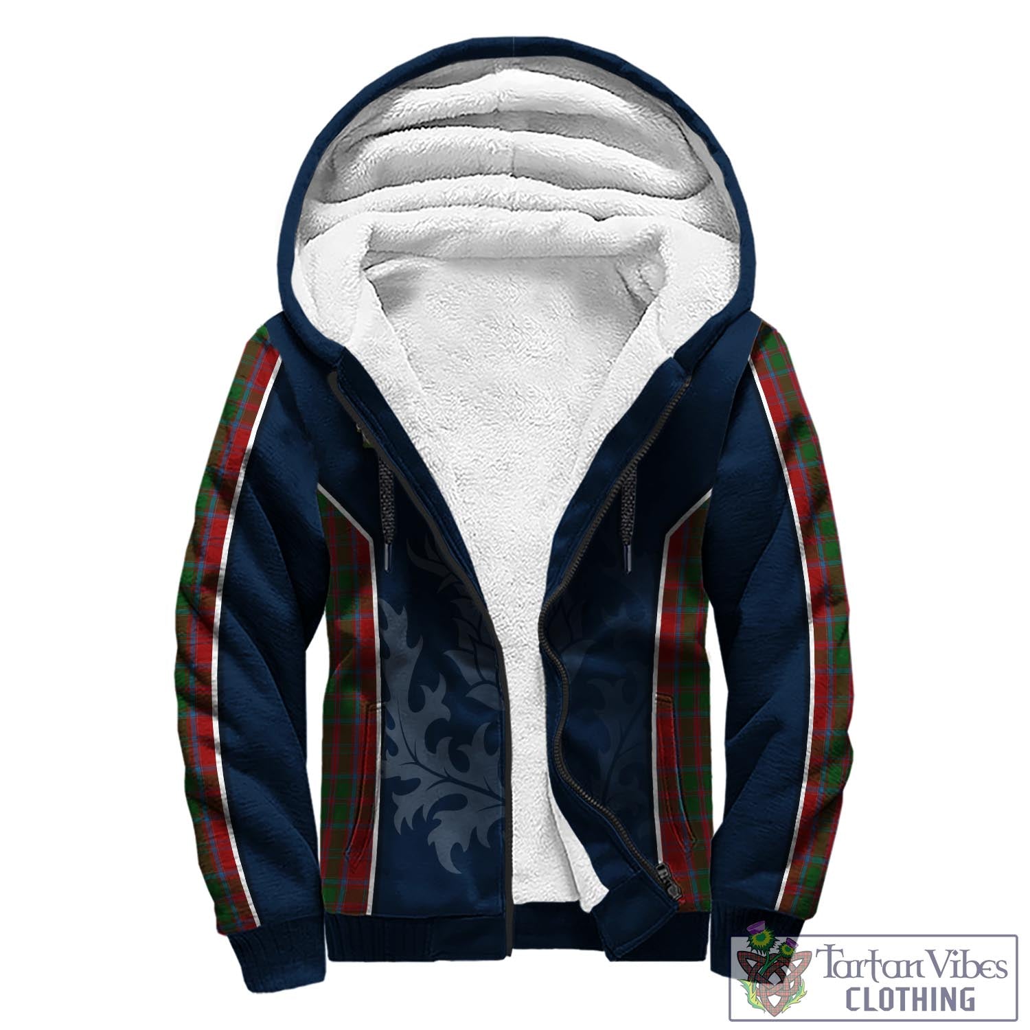 Tartan Vibes Clothing Drummond Tartan Sherpa Hoodie with Family Crest and Scottish Thistle Vibes Sport Style