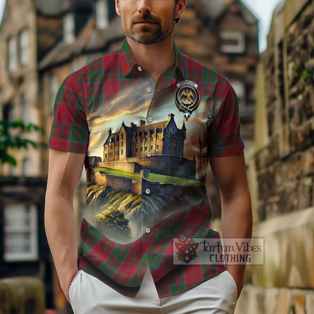 Tartan Vibes Clothing Drummond Tartan Family Crest Short Sleeve Button Shirt with Scottish Ancient Castle Style