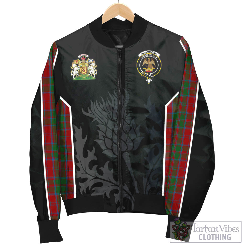 Tartan Vibes Clothing Drummond Tartan Bomber Jacket with Family Crest and Scottish Thistle Vibes Sport Style