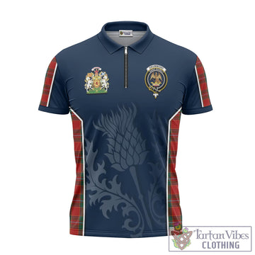 Drummond Ancient Tartan Zipper Polo Shirt with Family Crest and Scottish Thistle Vibes Sport Style