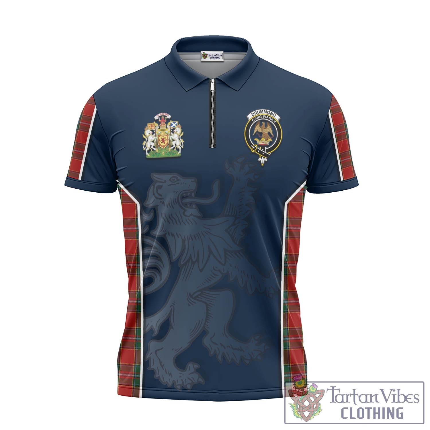 Tartan Vibes Clothing Drummond Ancient Tartan Zipper Polo Shirt with Family Crest and Lion Rampant Vibes Sport Style