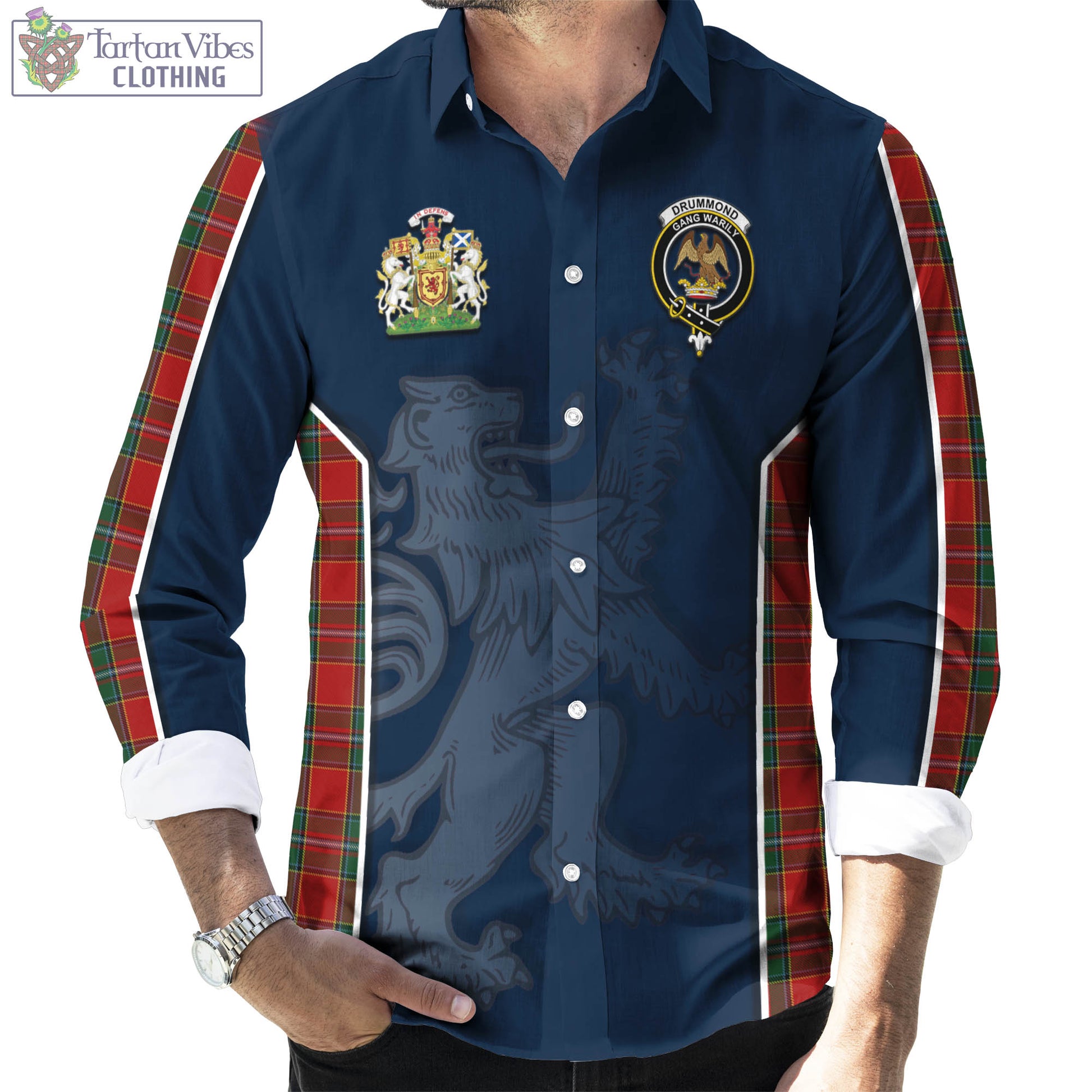 Tartan Vibes Clothing Drummond Ancient Tartan Long Sleeve Button Up Shirt with Family Crest and Lion Rampant Vibes Sport Style