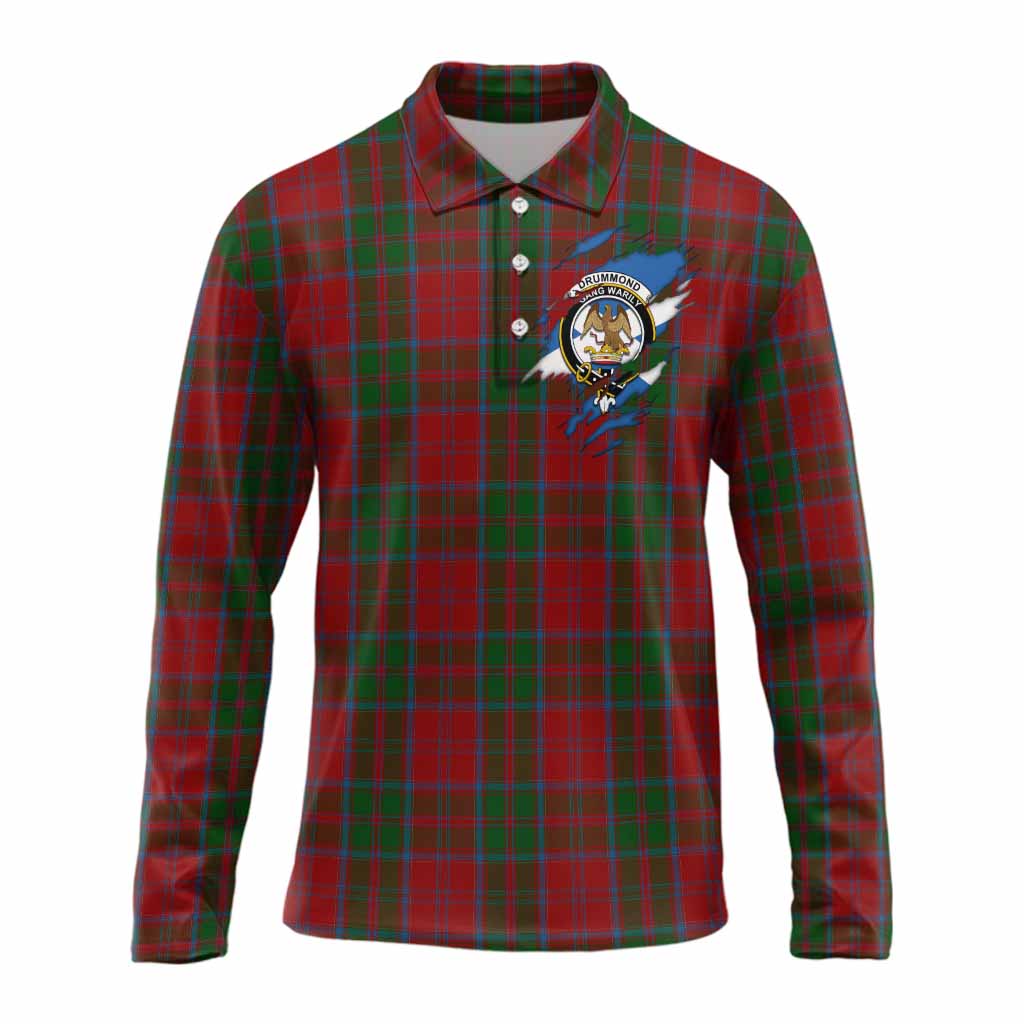 Drummond Clan Crest In Me Tartan Long Sleeve Polo Shirt Scotland Flag Style