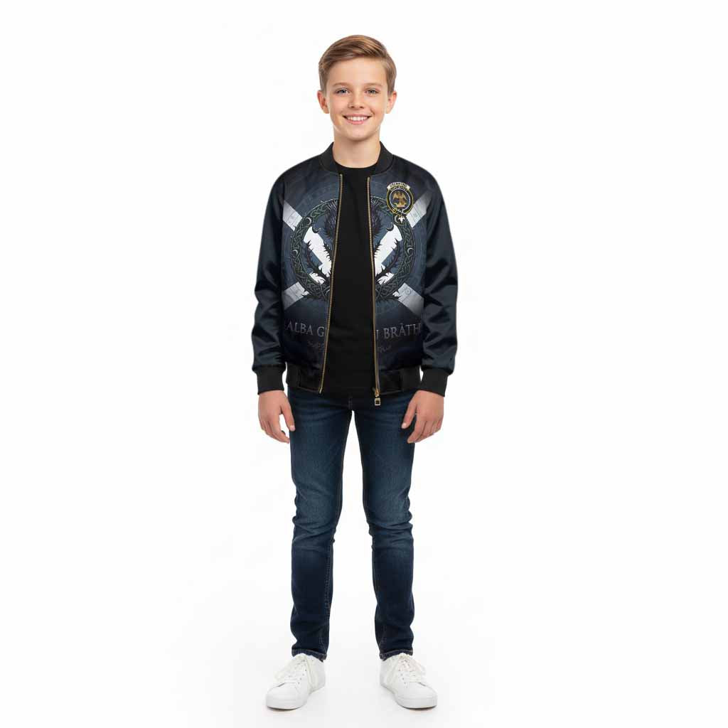 Drummond Clan Crest Kid Bomber Jacket with Celtic Knot Thistle and Saltire