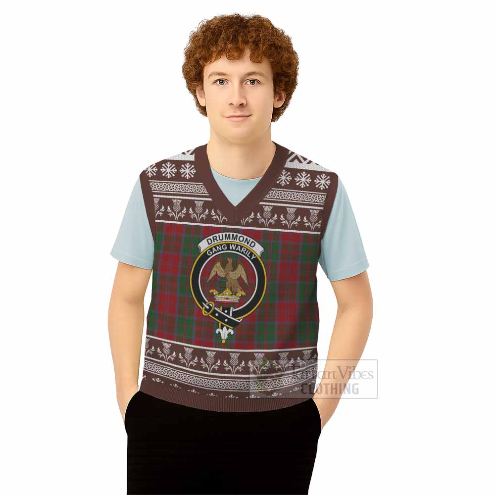 Drummond Clan Tartan Christmas Knitted V-Neck Vest with Family Crest - Tartan Vibes Clothing