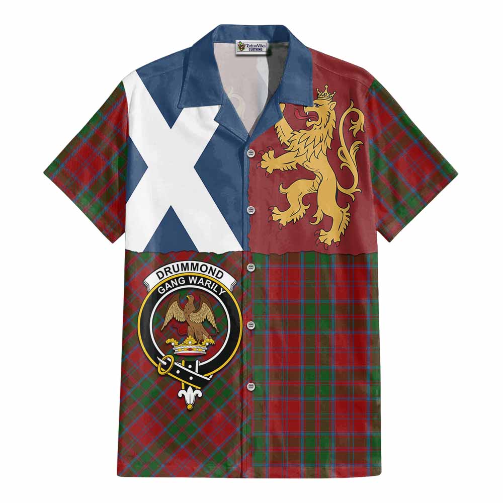 Drummond Crest Tartan Cotton Hawaiian Shirt with Lion Rampant Saltire Style - Tartan Vibes Clothing