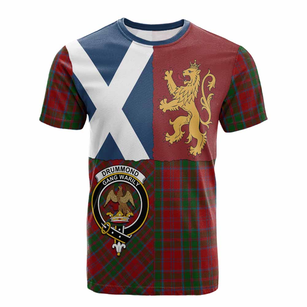 Drummond Crest Tartan Cotton T-shirt with Lion Rampant Saltire Style - Tartan Vibes Clothing