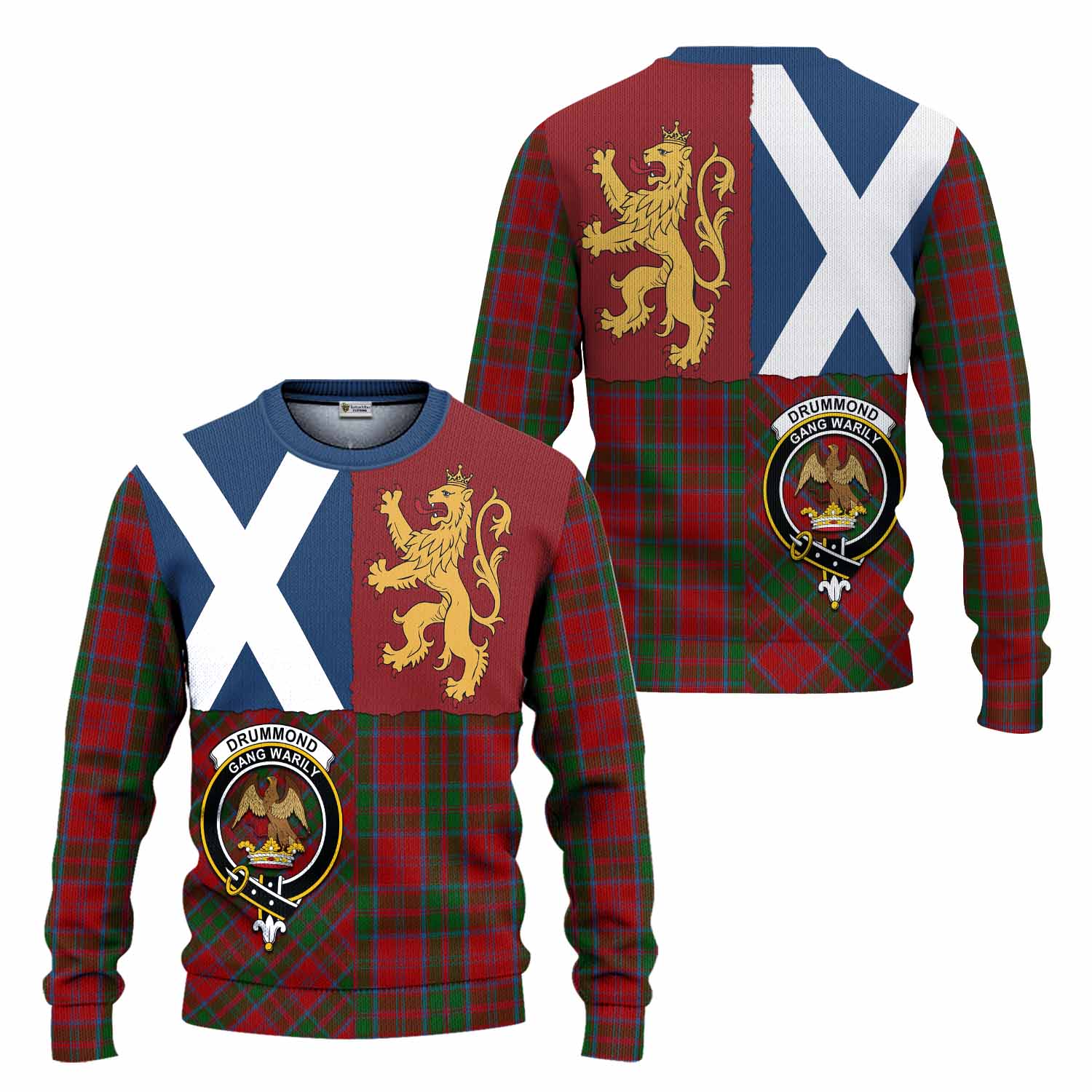 Drummond Crest Tartan Knitted Sweater with Lion Rampant Saltire Style