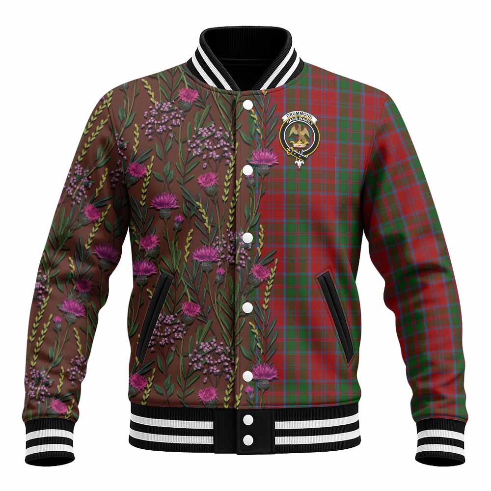 Drummond Family Crest Tartan Baseball Jacket Scottish Thistle Flower Pattern Half Style - Tartan Vibes Clothing