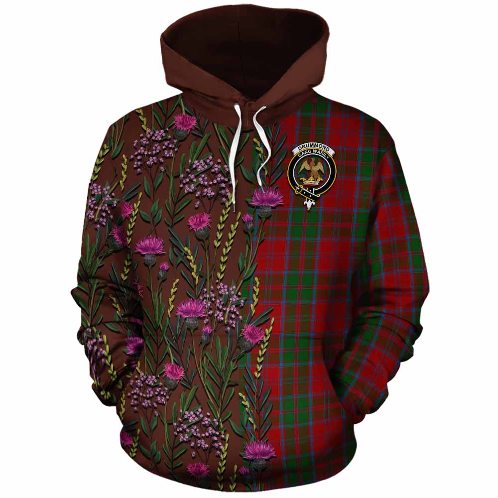 Drummond Family Crest Tartan Cotton Hoodie Scottish Thistle Flower Pattern Half Style - Tartan Vibes Clothing