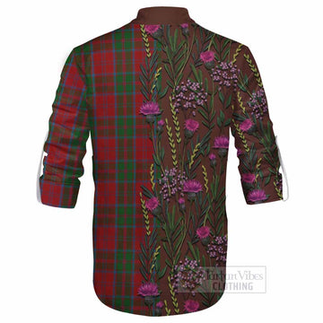 Drummond Family Crest Tartan Ghillie Shirt Scottish Thistle Flower Pattern Half Style - Tartan Vibes Clothing