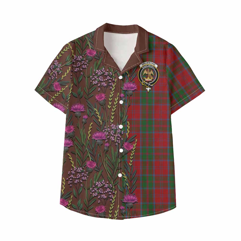 Drummond Family Crest Tartan Kid Hawaiian Shirt Scottish Thistle Flower Pattern Half Style - Tartan Vibes Clothing