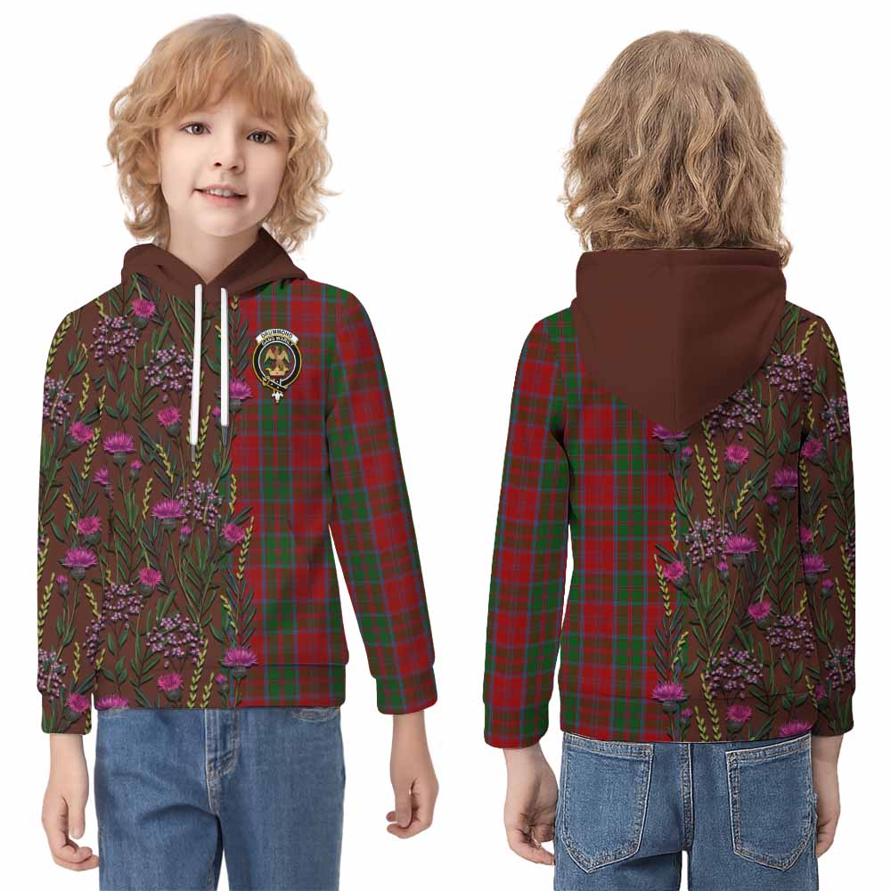 Drummond Family Crest Tartan Kid Hoodie Scottish Thistle Flower Pattern Half Style - Tartan Vibes Clothing