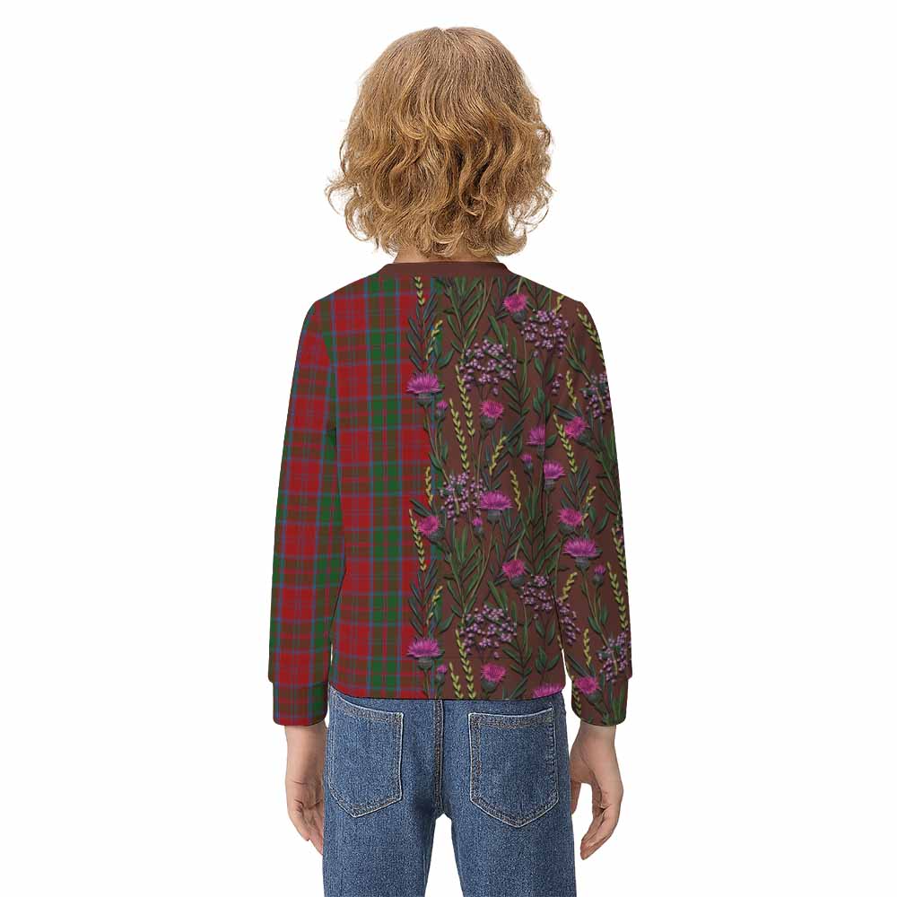 Drummond Family Crest Tartan Kid Knitted Sweatshirt Scottish Thistle Flower Pattern Half Style - Tartan Vibes Clothing