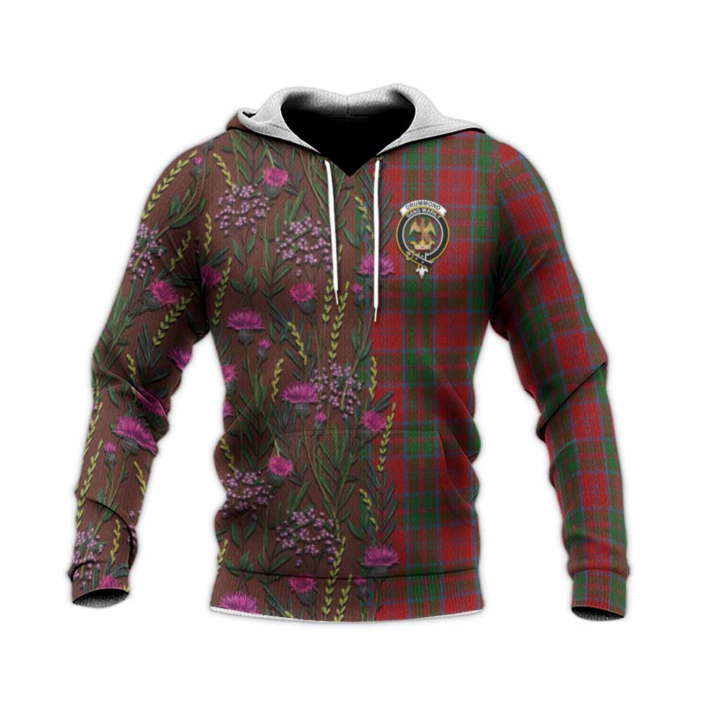 Drummond Family Crest Tartan Knitted Hoodie Scottish Thistle Flower Pattern Half Style - Tartan Vibes Clothing